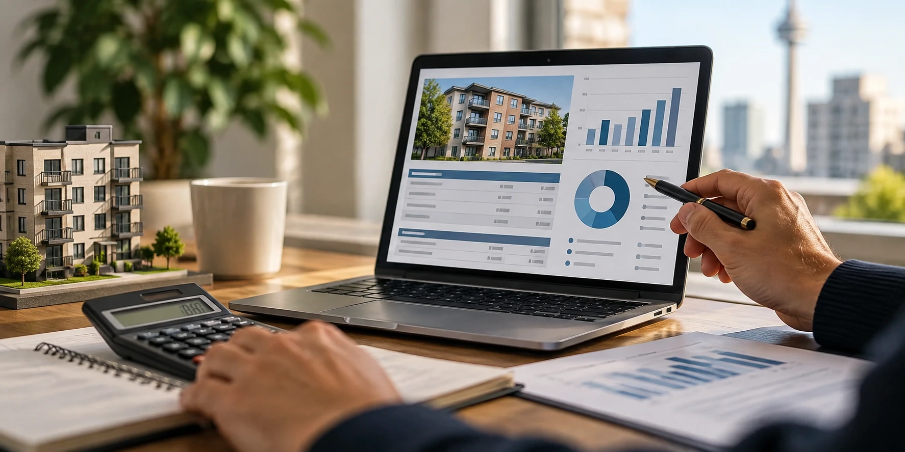 Rental property owner reviewing financial statements and property management records on a computer.